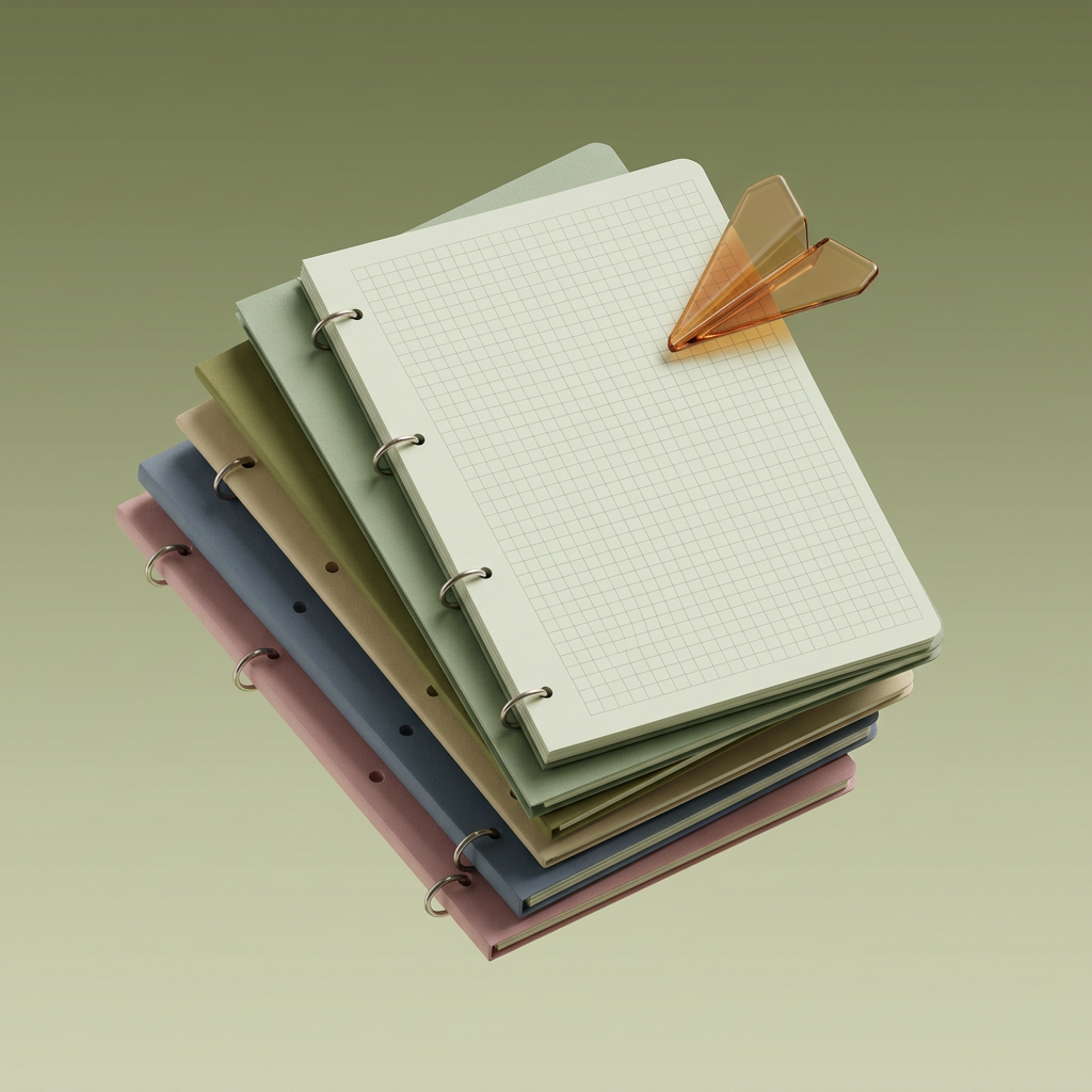 A fanned stack of ring-bound folders in sage, sand, slate and dusty pink, with a grid-paper sheet on top and an amber glass paper-plane marker